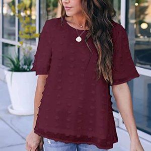 Womens Chiffon Blouse Summer Casual Round Neck Short Sleeve Pom Pom Shirts Top